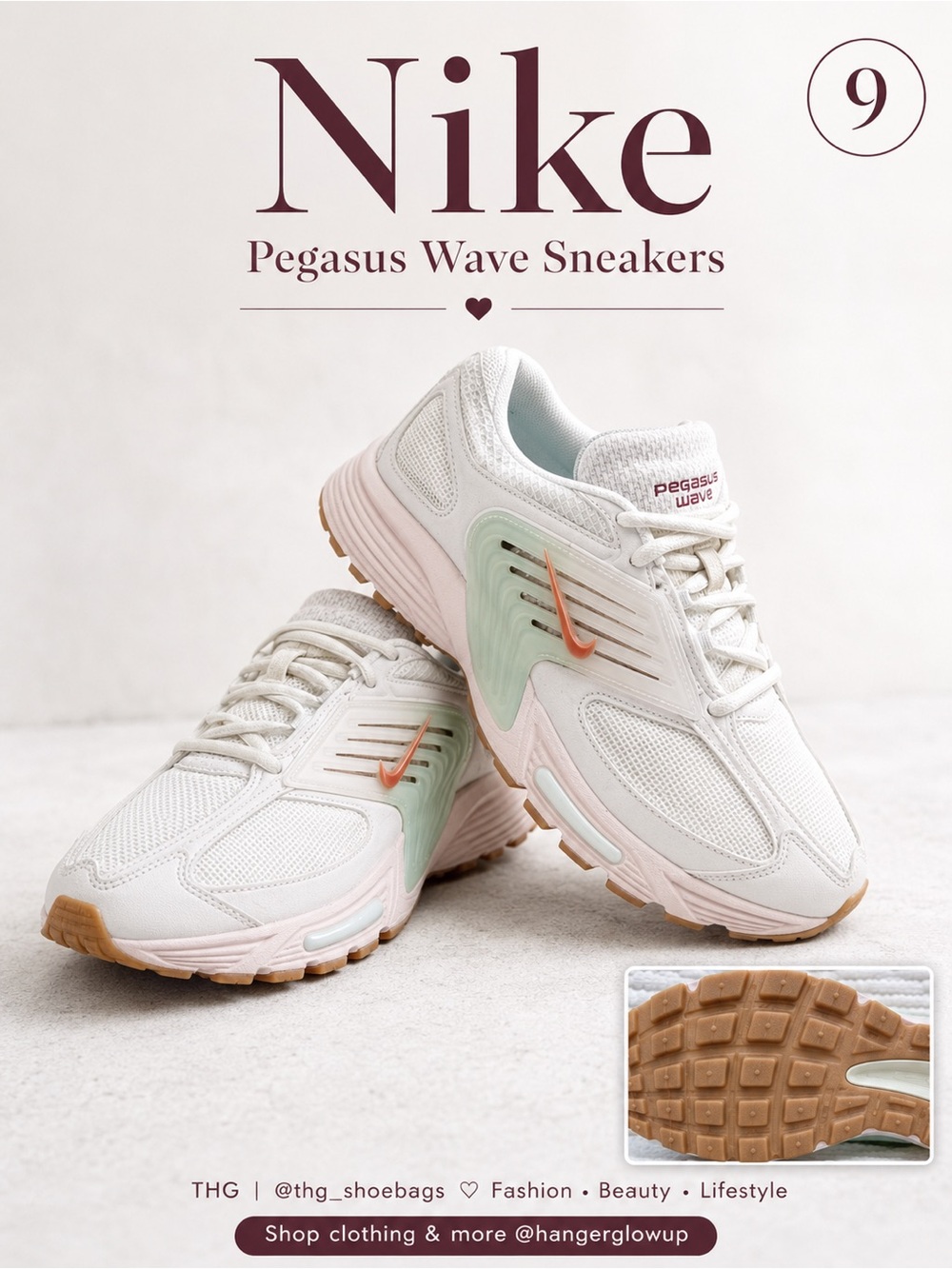 Nike Air Pegasus Wave Sneakers White Mint Coral Gum Sole Size 9 New